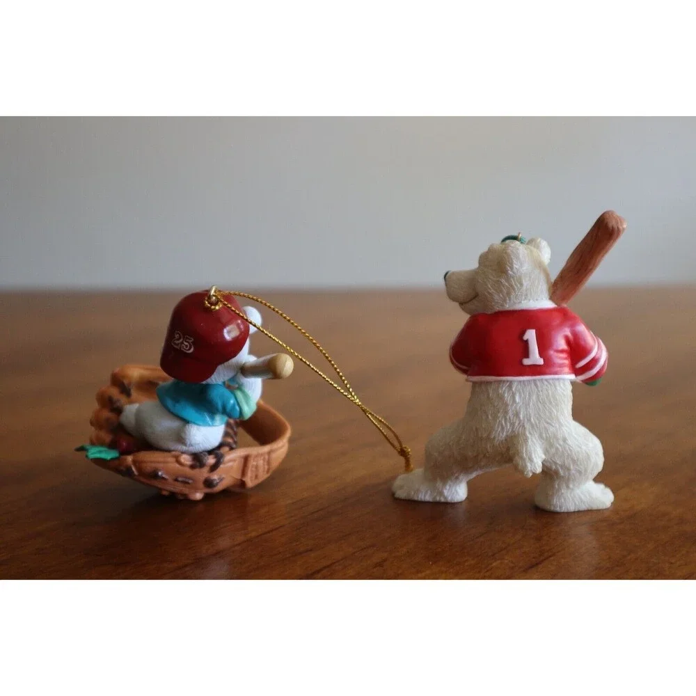 Lot 2x Baseball Bunny Rabbit Glove Bat Polar Bear Swinging Christmas Ornament